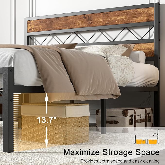 VECELO Queen Size Bed Frame with Headboard, Heavy-Duty Platform Bedframe with Metal Slats Support, No Box Spring Needed, Easy Assembly, Black & Brown