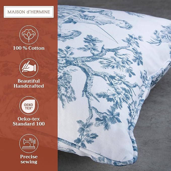 Maison d' Hermine Decorative Pillow Covers 20x20 Inch Square 100% Cotton Throw Pillow Covers with Invisible Zipper for Living Room Couch, Chair, Sofas, Bedroom, Home (The Miller - Blue (White))