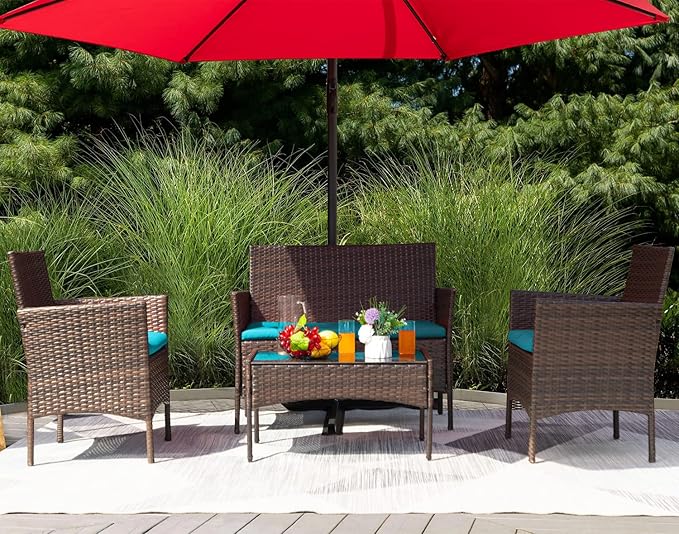 Greesum Patio Furniture 4 Pieces Conversation Sets Outdoor Wicker Rattan Chairs Garden Backyard Balcony Porch Poolside loveseat with Soft Cushion and Glass Table, Brown and Blue