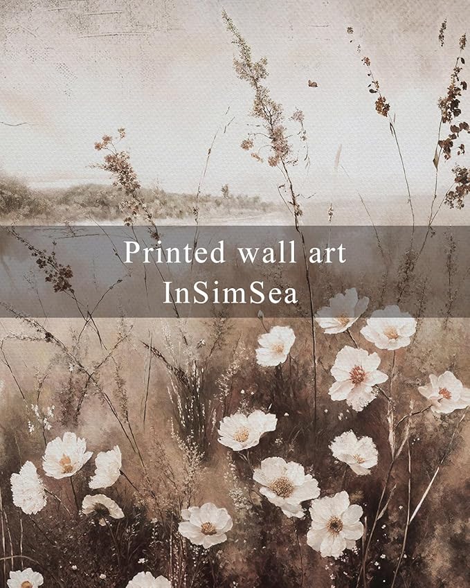 InSimSea Framed Wall Art for Living Room Landscape Canvas Wall Decor Meadow with Flowers Vintage Paintings Classical Wildflower Field Scene Boho Floral Pictures Decor for Bathroom Bedroom 12x16in