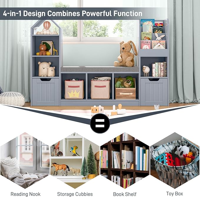Kids Bookcase and Bookshelf with Reading Nook, Toy Storage Organizer for Kids, Grey Bookcase with 7 Storage Cubbies 2 Movable Drawers and Seat Cushion for Kids Room, Playroom, Bedroom