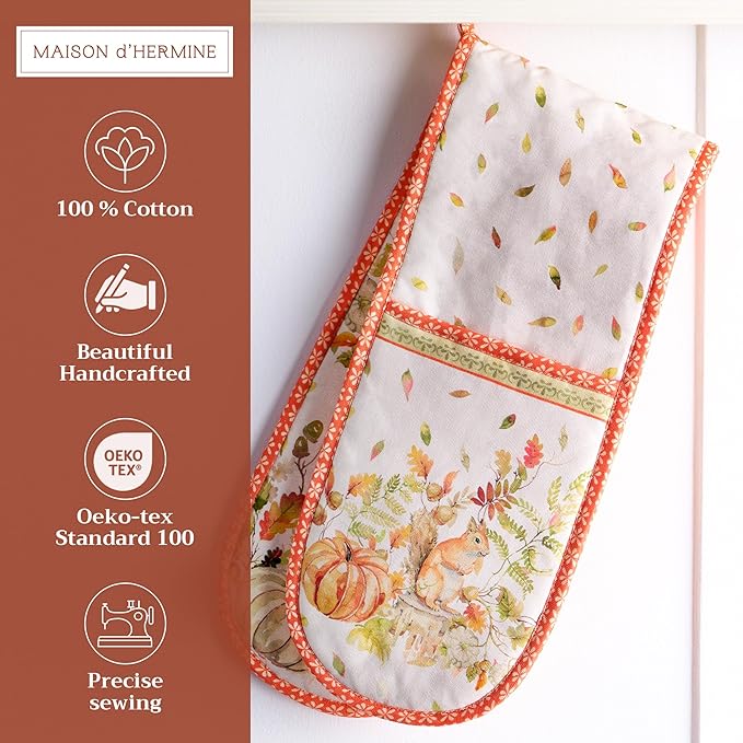 Maison d' Hermine Double Oven Mitt (7" x 35") 100% Cotton Heat Resistant BBQ Cooking Gloves with Loop for Thanksgiving Christmas Decorations Baking Cooking Barbeque Handling Hot Pan (Pumpkin Passion)