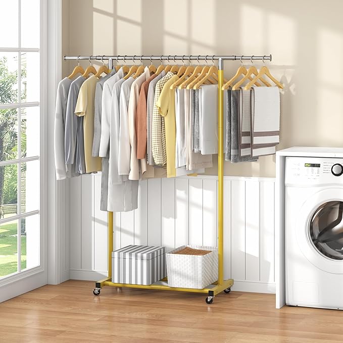 JIUYOTREE Rolling Clothes Rack with Shelf Clothing Garment Rack with Wheels Width Adjustable Clothing Organizer for Hanging Clothes Shirts Pants Skirts and Bags Gold