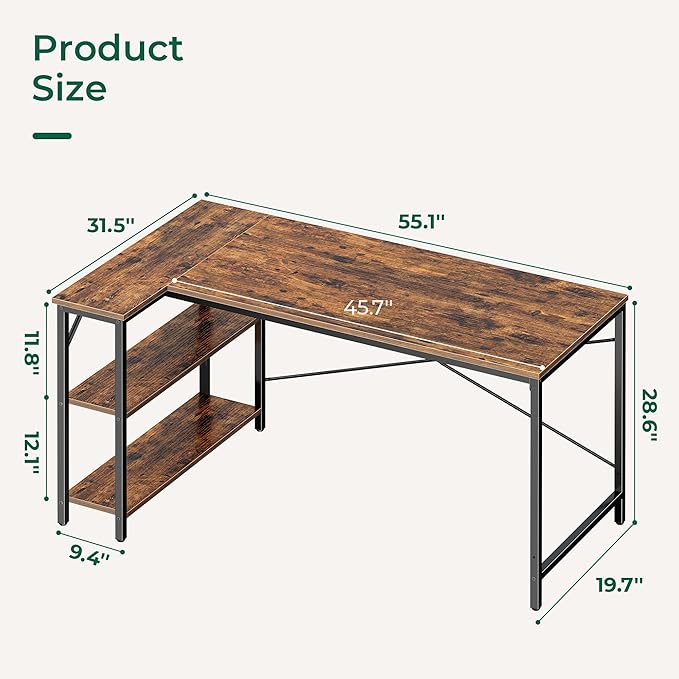 Huuger L Shaped Desk, 55 Inches Computer Desk with Reversible Storage Shelves, for Gaming Corner Home Office Writing Study, Metal Frame, Rustic Brown