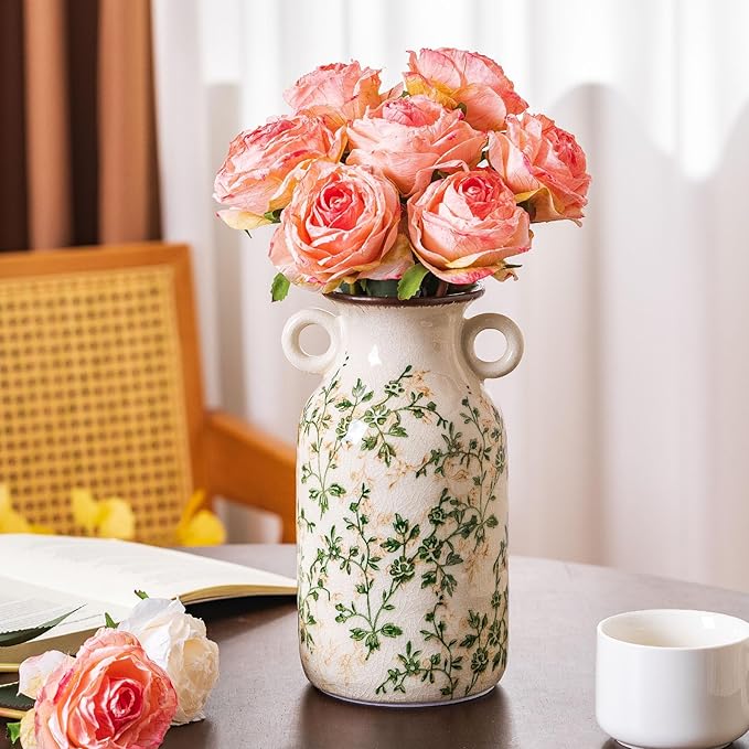 Vintage Pastoral Vase with Handles, Green and Beige Retro Ceramic Flower Vase, Rustic Farmhouse Vases Chinoiserie Floral Large Vase for Home Decor, Living Room, Kitchen, Bedroom and Shelf 9.1 Inch