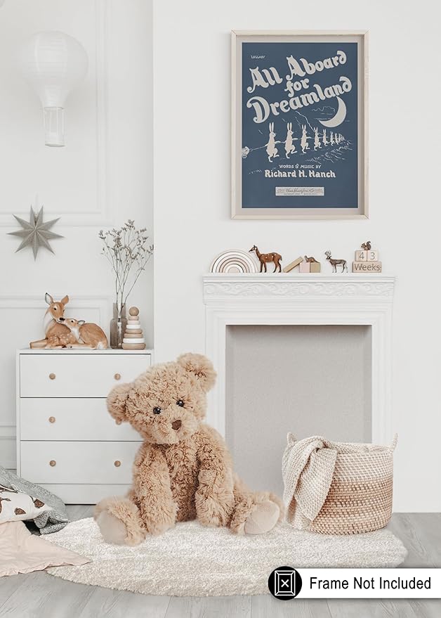 Poster Master All Aboard For Dreamland - Retro Children's Lullaby Print - Story Book Art - Bunny and Rabbit - Aesthetic Kid's Bedroom or Nursery Wall Decor - 11x14 UNFRAMED