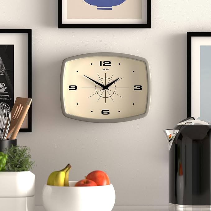 JONES CLOCKS® Movie Wall Clock | Rectangular Retro Clock | 25cm | Gray | Cool mid-Century Designer Look for Kitchen, Living Room or Office