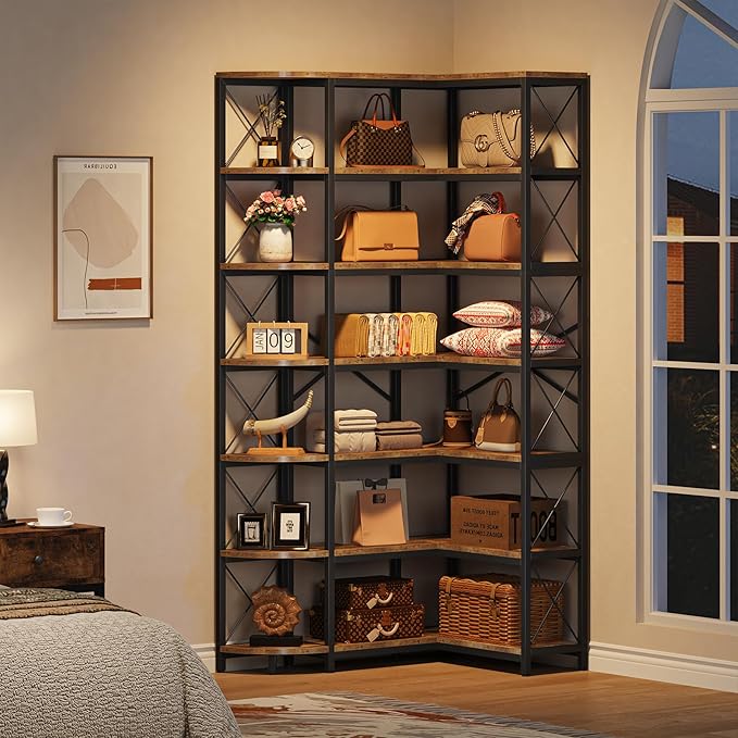 7-Shelf Reversible Corner Bookshelf, Modern Industrial Tall Bookcase, 7-Tier Large L-Shaped Storage Shelf Display Rack with Metal Frame for Living Room, Home Office, Bedroom, Rustic Brown
