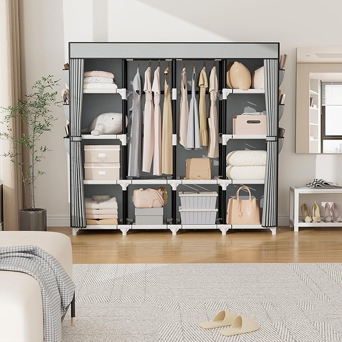 VTRIN Portable Closet, 69 Inch Wide Wardrobe Closet for Hanging Clothes, 19mm Metal Pipe,Sturdy Clothes Rack with Cover, 2 Hanging Rod,12 Shelves, 6 Pocket, Free Standing Closet for Bedroom