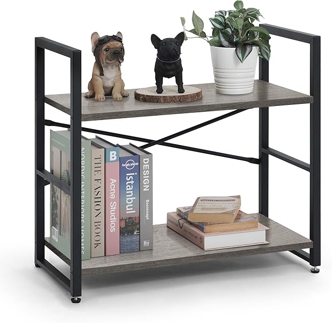 CAPHAUS 2 Tier Small Bookshelf, 24 Inch Width Free Standing Shelf, Bookcase Shelf Storage Organizer, Industrial Book Shelves for Home Office, Living Room, Dark Grey Shelves & Metal Frame
