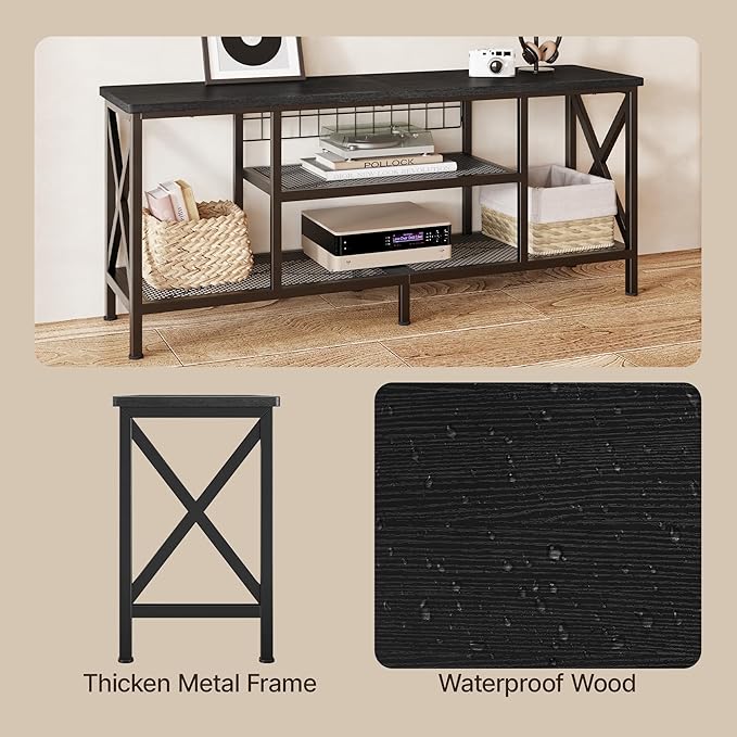 Gizoon TV Stand for 65 Inches TV, 59.8'' Entertainment Center with Metal Frame, TV Media Console Table with Open Storage Shelves, for Living Room, Bedroom, Black