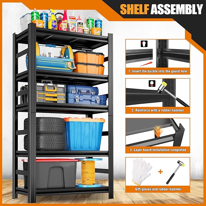 5-Tier Storage Shelving 32" W Steel Heavy Duty Shelving Unit with Shelves for Heavy Duty Metal Shelving Adjustable Garage Shelving Rack Storage Kitchen, 63" H X 32" W X 16" D, Black
