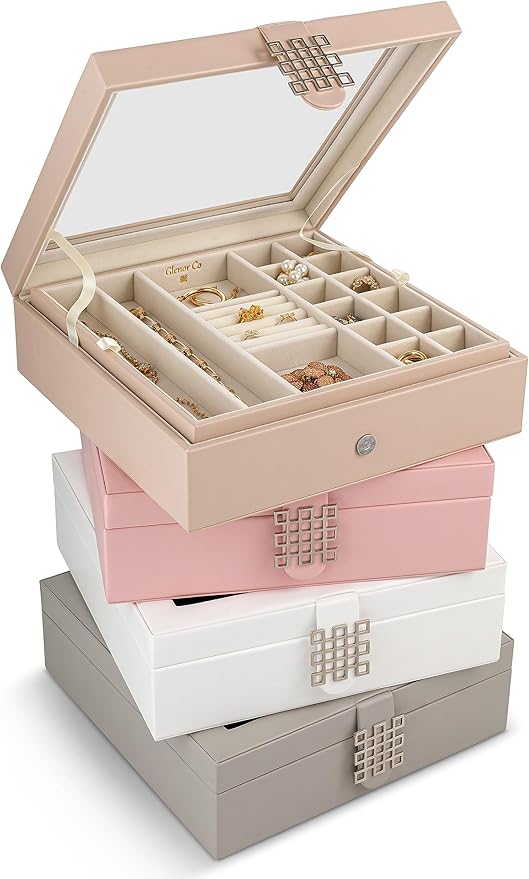 Co 28 Section Jewelry Box - 2 Layer - Buckle Snap & Magnet Closure - Large Glass Top - Leather Design - Sand - Jewelry Organizer for Women & Girls - for Earring Ring Necklace & Bracelet