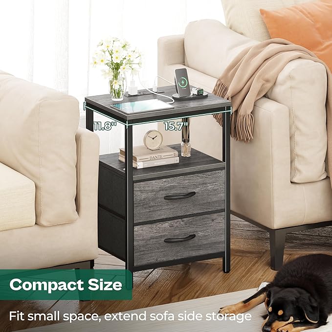 Huuger Nightstand with Charging Station, Fabric Drawers, End Table with Open Shelf, Bedside Table with USB Ports and Outlets, Night Stand for Bedroom, Gray