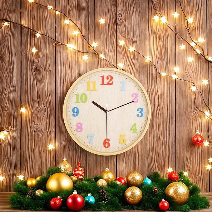 Topkey 12" Wooden Look Wall Clock Silent Non-Ticking 3D Numbers Colorful Decorative Round Clock for Living Room, Bedroom and Office Battery Not Included - Light Brown