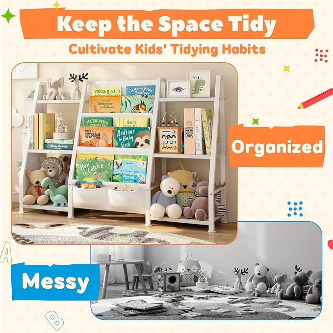 Kids Bookshelf Large Storage Bookcase: 3-Tier White Book Sling Shelf Toy Organizer for Toddler - Display Rack with 3 Pockets for Kids Rooms, Bedroom, Playroom, Nursery (Wood + Metal)