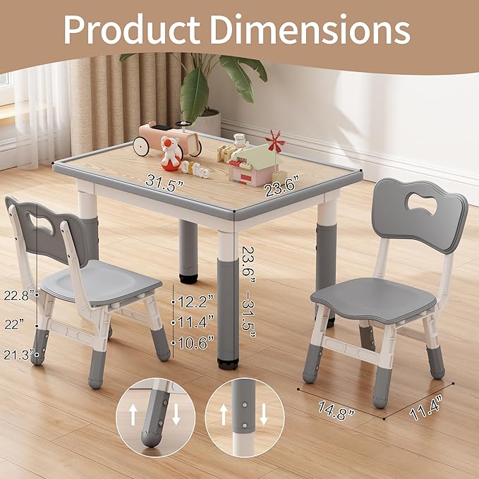 Toddler Table and 2 Chairs, Kids Table and Chair Set Height Adjustable, 31.5''L x 23.6''W Multifunctional Graffiti Desktop for Reading, Drawing, Eating, for Girls & Boys Age 2-10, Grey-02