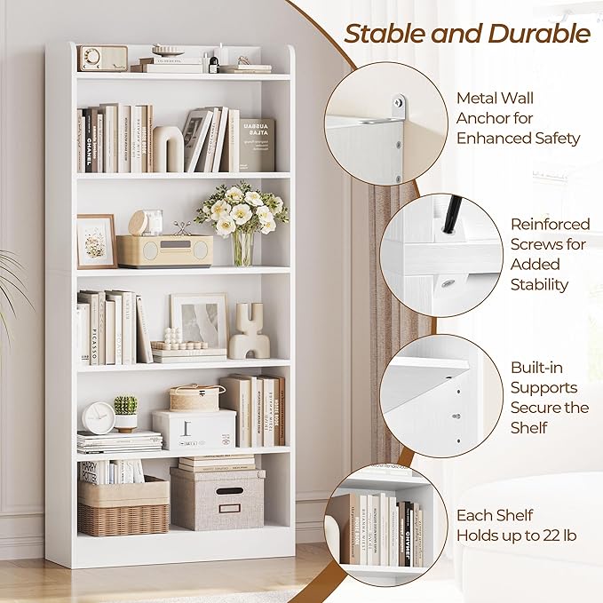 Yaheetech 6-Tier Open Bookcase and Bookshelf, Modern Simple Floor Standing Display Storage Shelves with Top Open Compartment for Home Office, Living Room, Bed Room - White
