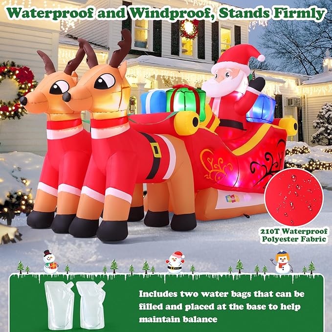 7.8Ft Christmas Inflatables Outdoor Decorations with Colorful LED Lights, Christmas Inflatables Santa Claus on Sleigh with 2 Reindeer Deer Gift Box, Blow Up Yard Decor for Indoor Xmas Party Patio Lawn