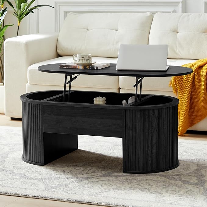 QHITTY Fluted Coffee Table with Lifting Top, Oval Wood Lift Top Coffee Table with Hidden Compartment, Mid Century Pull up Center Tables for Living Room, Office - Black