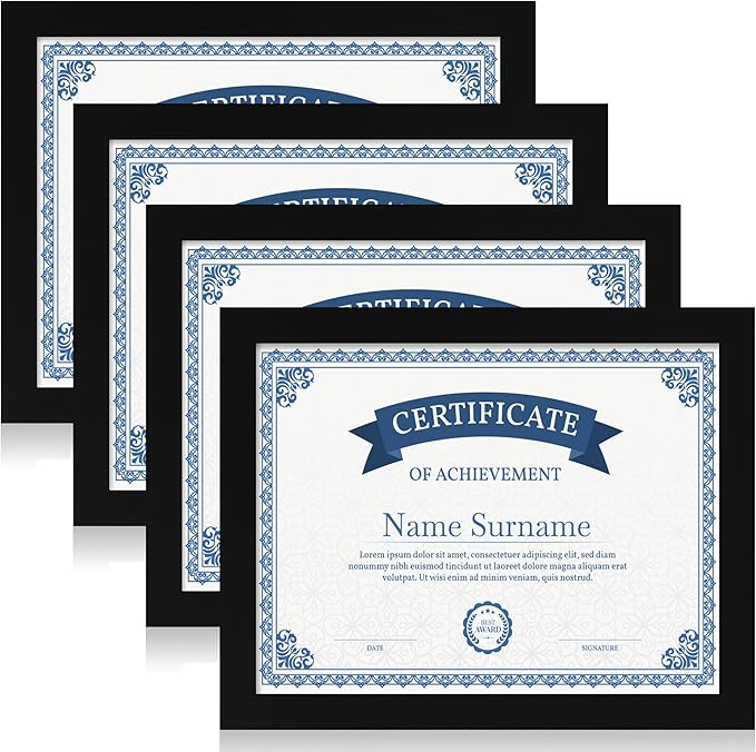 8.5x11 Picture Frame Set of 4, Black Certificate Frame with Real Glass, Photo Frames 8.5 by 11 Diploma Document for Wall Hanging and Tabletop Display