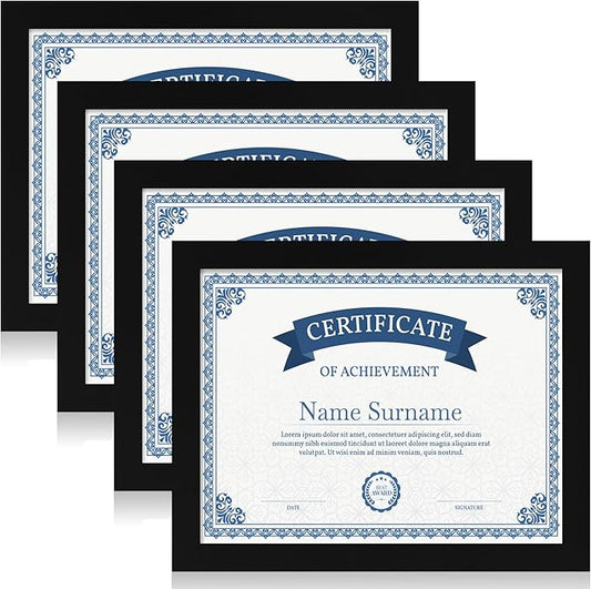 8.5x11 Picture Frame Set of 4, Black Certificate Frame with Real Glass, Photo Frames 8.5 by 11 Diploma Document for Wall Hanging and Tabletop Display