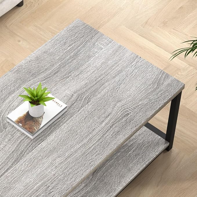 FOLUBAN Coffee Table, Modern Rectangle Living Room Table with Storage Shelf, Rustic Wood and Metal Center Table, Light Grey, 47 Inch