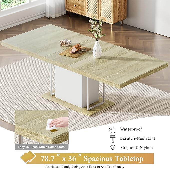 Goujxcy 78.7" Farmhouse Extendable Dining Room Table Set for 4, 5-Piece Rectangle Kitchen Dining Room Table Set with Wood Base and 4 Black Velvet Dining Chairs, Extending Kitchen & Dining Table Set