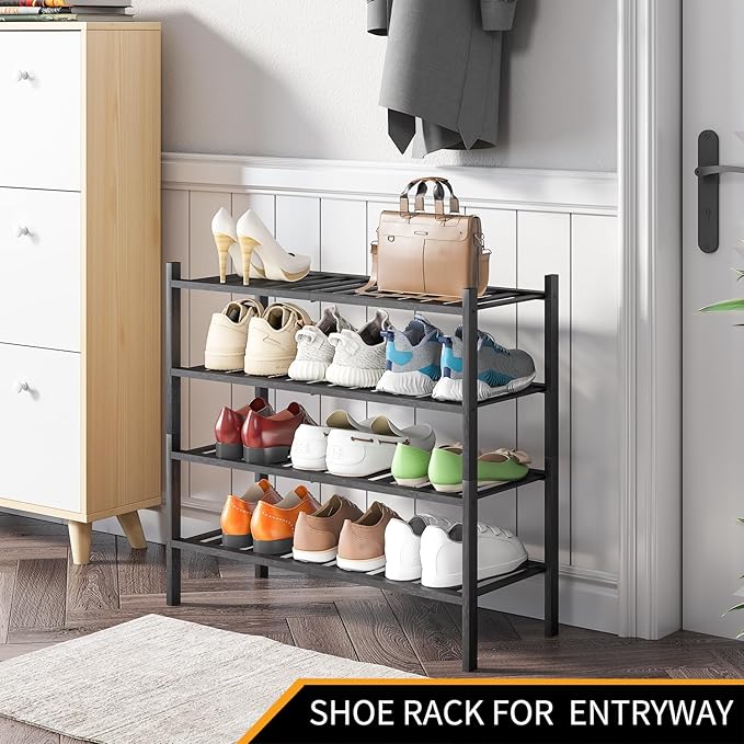 4-Tier Bamboo Shoe Rack for Entryway, Stackable | Heavy Duty | Multi-Function, Free Standing Shoe Racks for Bedroom Hallway Closet（Black）