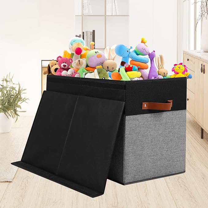 Large Toy Storage Box with Lid, Sturdy Toys Storage Chest Bin Organizer Basket with Dividers for Kids, Boys, Girls, Nursery, Closet, Bedroom, Playroom 25"x13" x16" (Black and Grey)