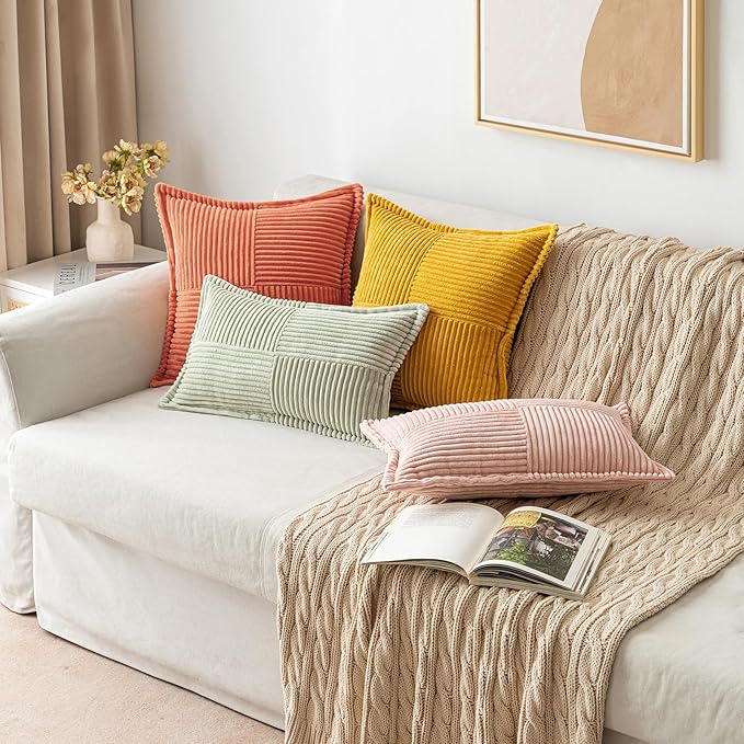 MIULEE Decorative Throw Pillow Covers for Couch Bed Livingroom 18x18 Inch Set of 2 Coral Red Boho Accent Throw Pllows Broadside Striped Patchwork Soft Corduroy Summer Pillowcases