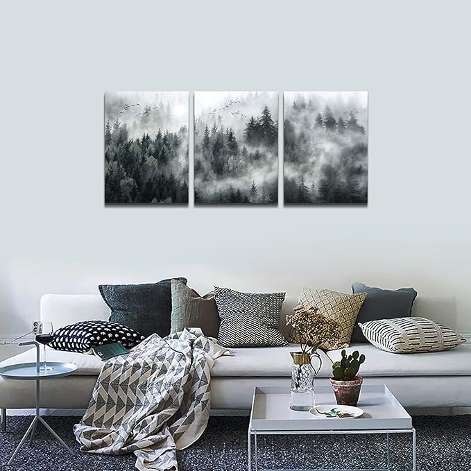MHARTK66 Wall Decor Living Room Large Size Canvas Wall Art For Bedroom Foggy Forest Trees Landscape Wall Painting Office Decor Wall Decorations Ready To Hang Framed Wall Pictures Home Decor 3 Pieces