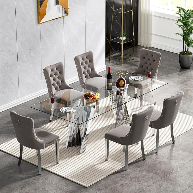 Goujxcy Modern 7 Piece Glass Dining Table Set Luxury Glass Kitchen Table and Chair Set for 6, 70" Large Rectangular Dining Room Table with 6 Tufted Chairs and Stainless Steel Legs (Silver & Grey)