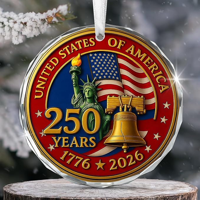 FLAGWIX 250th Anniversary USA Ornament for Patriotic Christmas Decorations - Glass Patriotic Christmas Ornaments - United States 250 Years American Anniversary Bell Ornament, Veterans Day Gifts Bulk
