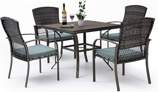 Pamapic 5 Piece Patio Dining Set, Green, Weather Resistant PE Rattan Table and Chairs, Comfortable Cushions, Easy Maintenance