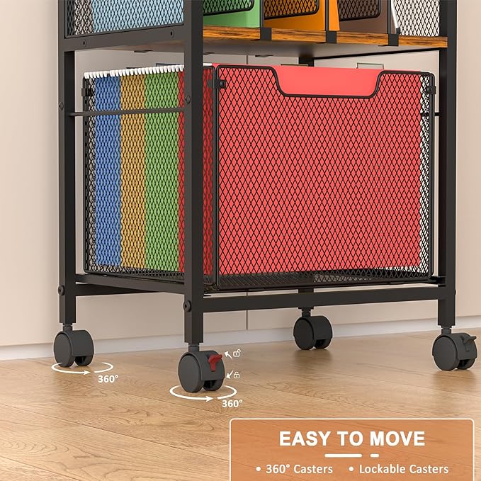 Rolling File Cabinet with Adjustable Dividers, Mobile Filing Cabinet with Storage Drawer on Lockable Wheels, Hanging File Organizer Beside Under Desk for Office, Home（Patent Pending）