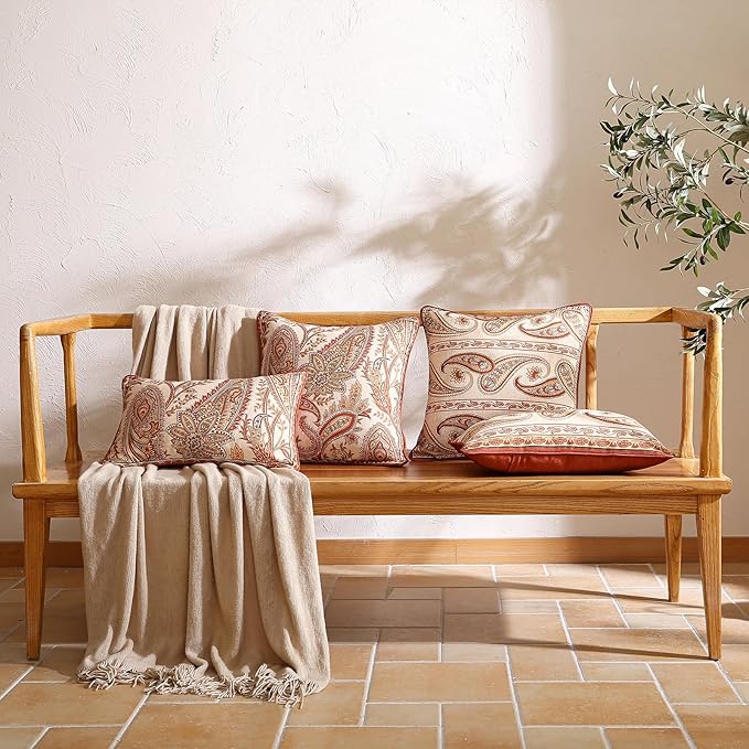 Design Linen Classic Vintage Throw Pillow Covers 12"x20" Pack of 2, Rectangle Cushion Covers with Orange Yellow Paisley Style Pattern Decor Pillowcases for Bed,Living Room,Outdoor,Car