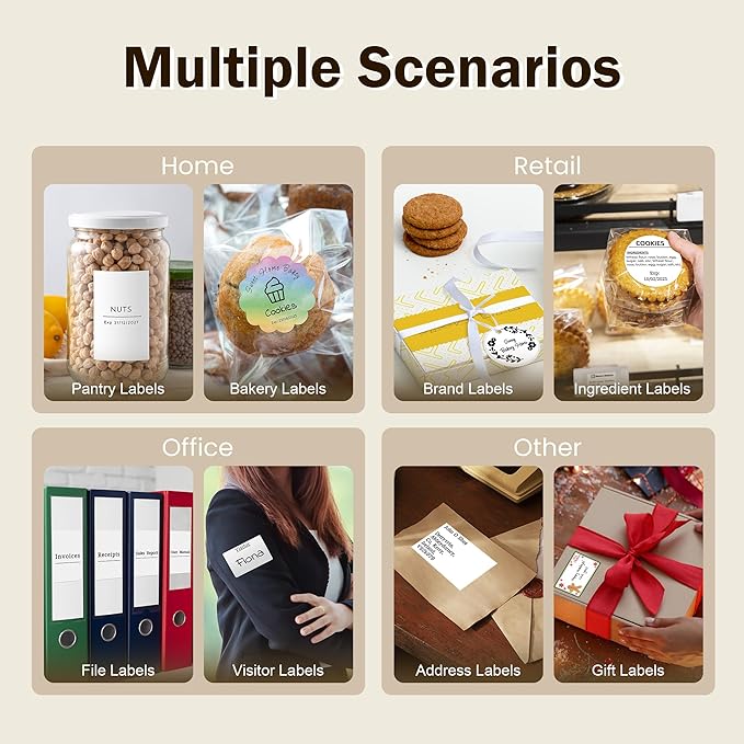 Phomemo M150 Label Maker, Upgraded Bluetooth Label Printer, Compatible with Phone, PC & Tablet, with 1 Roll Free Label Paper, Thermal Portable Sticker Printer Machine for Address,Bracode, Jar, Beige