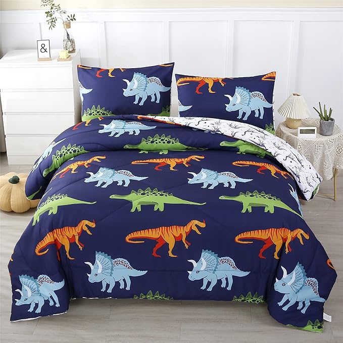 RYNGHIPY Cartoon Dinosaur Comforter Set, Dark Blue Dinosaur Kids Bedding Set for Boys, Dinosaurs Print Comforter Sets for Kids/Toddlers/Teens (Dinosaur,Queen)