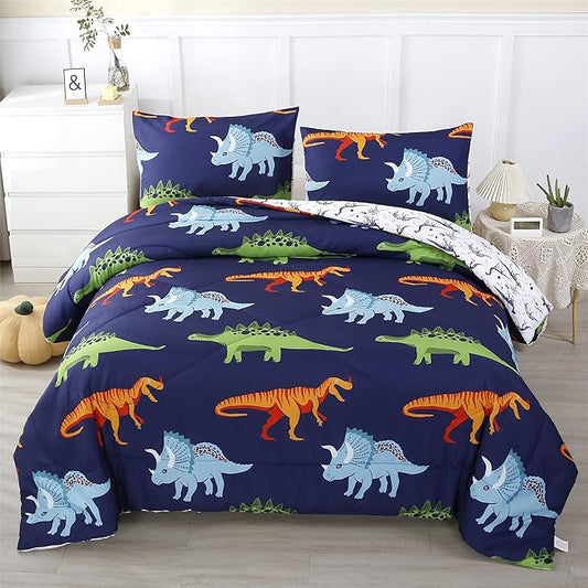RYNGHIPY Cartoon Dinosaur Comforter Set, Dark Blue Dinosaur Kids Bedding Set for Boys, Dinosaurs Print Comforter Sets for Kids/Toddlers/Teens (Dinosaur,Queen)