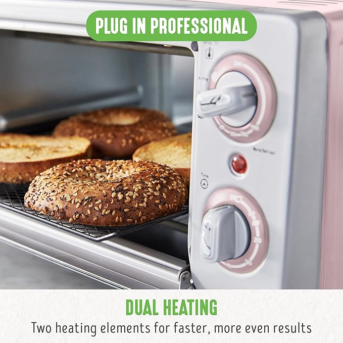 GreenLife Countertop Toaster Oven Air Fryer Stainless Steel, Healthy Ceramic Nonstick, PFAS and PFOA-Free, Tray & Basket, Bake, Broil, Reheat, Adjustable Temp & Time Control, Auto Shutoff, Pink