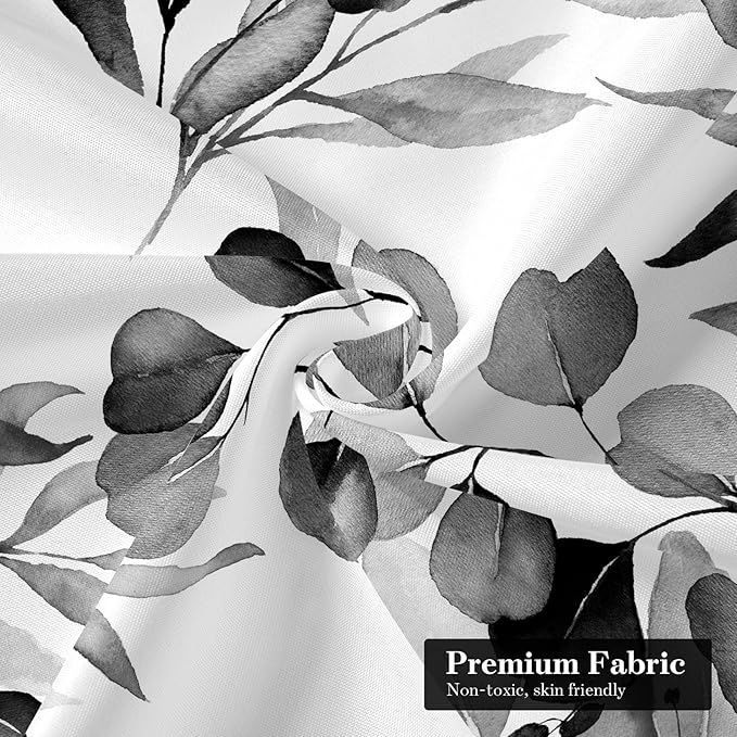 MitoVilla Black Spring Floral Shower Curtain, Modern Plants Botanical Fabric Cloth Shower Curtains for Chic Elegant Bathroom Decor, Summer Watercolor Eucalyptus Leaf, 72x72