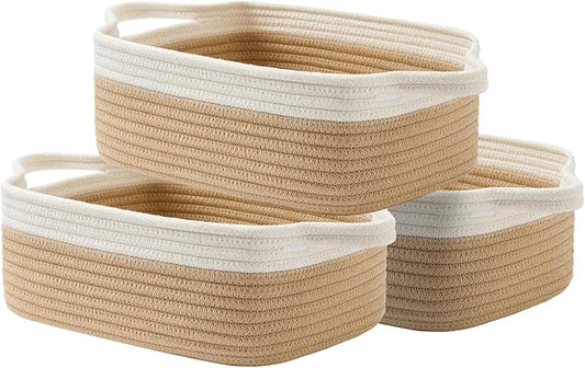 KALLAX Small Woven Basket, 12 x 8 x 4.5 Inches, Small Storage Baskets for Organizing, Gift Baskets Empty, Cute Rope Shelf Closet Storage Bins for Shelves, Dog Toy Basket, White & Brown