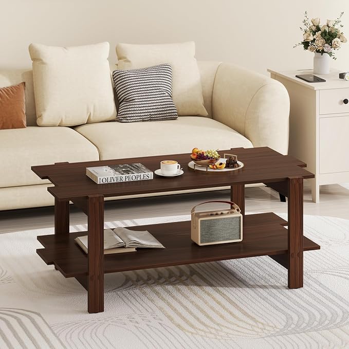 Giantex Coffee Table with Storage, 45 Inch Modern Center Table with Slatted Design & Side Rail Support, Rectangular Living Room Table for Small Spaces, Walnut