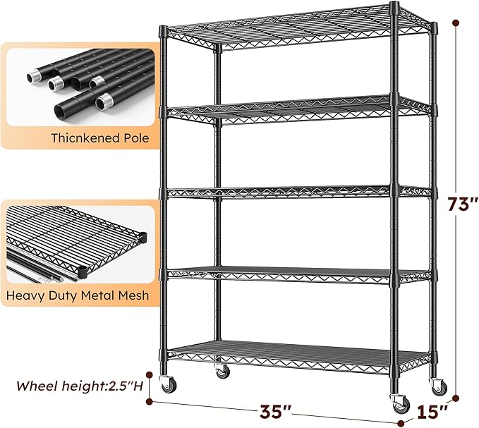 REIBII 73''H Storage Shelves 1660LBS Wire Shelving Unit with Wheels 5 Tier Metal Shelving,Heavy Duty Metal Shelves for Storage Rack,73''HX35''WX15''D