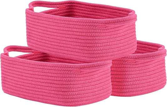 KALLAX Small Woven Basket, 12 x 8 x 4.5 Inches, Small Storage Baskets for Organizing, Gift Baskets Empty, Cute Rope Shelf Closet Storage Bins for Shelves, Dog Toy Basket, 3 Packs, Hot Pink