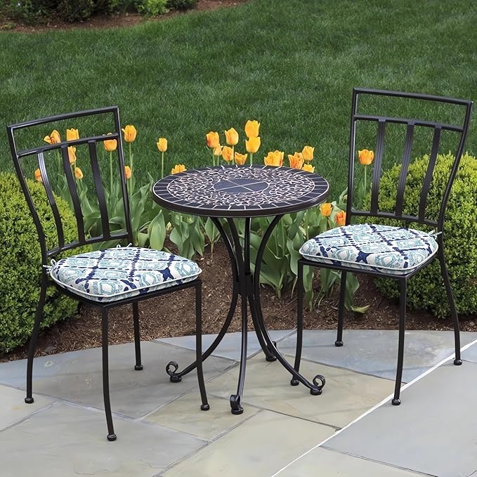 Set of 2 Outdoor Chair Cushions with Ties,Water Repellent Patio Chair Pads 17"x 16" for Outdoor Furniture,Round Corner Seat Cushions for Garden Yard Kitchen Boho Geometry Blue