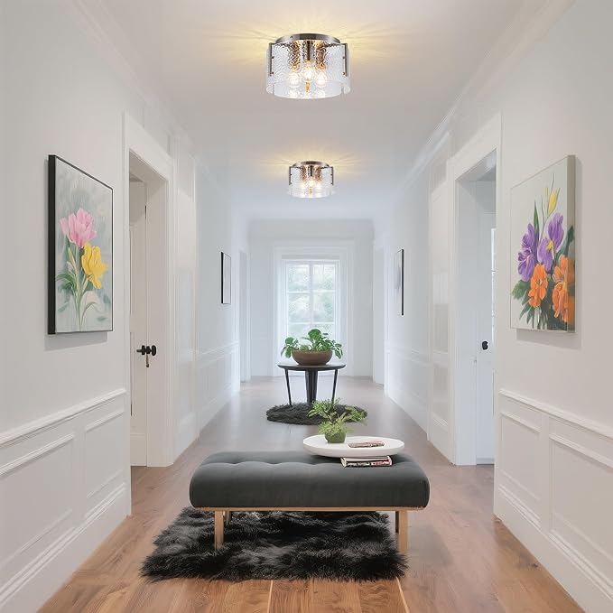 MAYNA Modern Nickel Semi Flush Mount Ceiling Light Fixture, 3-Light Glass Ceiling Light, Hallway Light Fixtures Ceiling Mount for Kitchen Entryway Bedroom Laundry Room