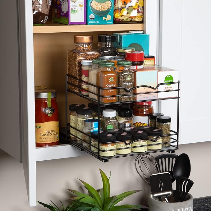 Pull Out Cabinet Organizer for Spices, Cans - Heavy Duty with Lifetime Limited Warranty- Pull Out Spice Rack- Cabinet Pull Out Shelf for Cans,Dishes, Etc, 20-3/8"Wx 10-1/2"D x 2-3/4” H, Black