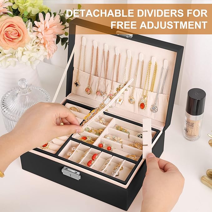 Jewelry Boxes for Women Girls 2 Layers leather Jewelry Organizer Case with Lock Storage Box Removable Tray for Necklace Earring Ring with Polishing Cloth and Jewelry Bags